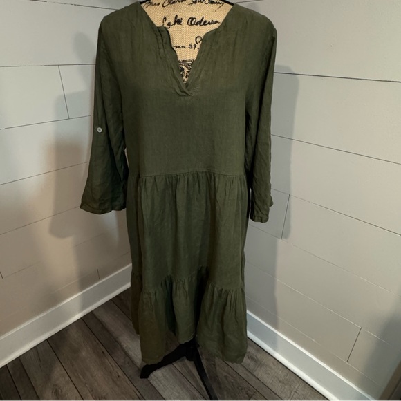 Bellambra Olive Green 3/4 Sleeve Linen Dress - Large - Picture 1 of 8